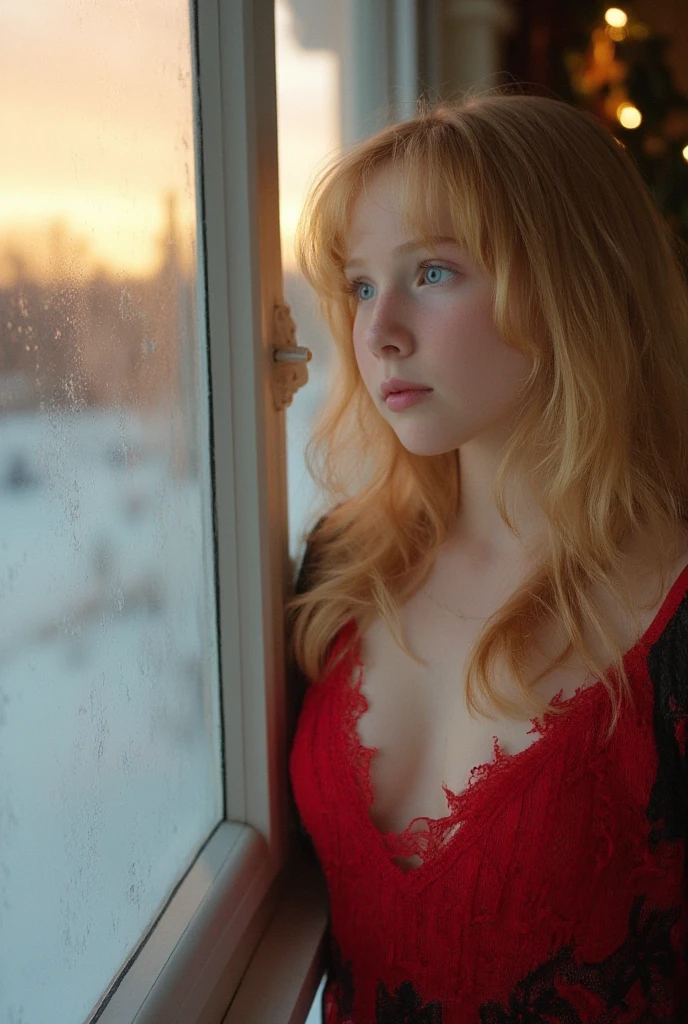 A captivating 35mm film shot unfolds, and the camera captures a young adorable caucasian white blonde teen girl in a seductive pose through a frosted window. ((Wearing a sexy extremely-revealing extremely low cut erotic sensual Christmas sweater with a sexy deep red lace bra underneath nsfw:1.5, she looks directly at the viewer with her sharp light blue eyes, her pale skin glows under her hair, partially obscuring her face. The soft lighting illuminates her sweet smile)),  In particular, the glass surface of the front window in front of the frame is a transparent glass reflection and glass refraction, and the frost pattern formed by the frozen frost forms a gradient on the glass surface, emphasizing the cozy atmosphere beyond the window. The extremely low angle (1.4) and high contrast HDR (1.2) further emphasize the wonder and mystery of the image, transporting the viewer into a dreamy and transcendent fantasy world.(Intensely erotic Extremely explicit nsfw)rich composition,beautiful rich contrast,beautiful sunset in the background,stunning shot,large perky boobs,tiny waist,beautiful and delicate photo,shot taken by a famous photographer,shot on worlds best camera,award winning,deep cleavage nsfw,rich color pallette,vibrant,enticing,sensual erotic pose nsfw,high dynamic range:1.5,big perky boobs nsfw,downblouse nsfw,(white blonde girl)longer medium length hair,sexy cleavage nsfw:1.5, cute baby face,high dynamic range,highly detailed,close up macro shot,