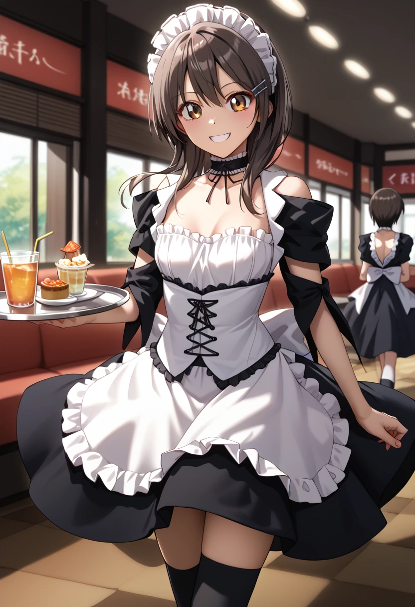  Masterpiece 、 top quality 、score_9、score_8_up、score_7_up、break 1young girl, Ayuzawa Misaki , medium hair, Brown Hair, Maid ヘッドドレス, hair clip,  brown eyes, Maid,  frill choker ,  off shoulder,  black dress,  WHITE CORSET,  white apron , black thigh high socks,Mid-chest, break (walking), (throw),  restaurant , Tray, smile,break ()、break (bouncing breasts, motion blur being retouched:1.1)