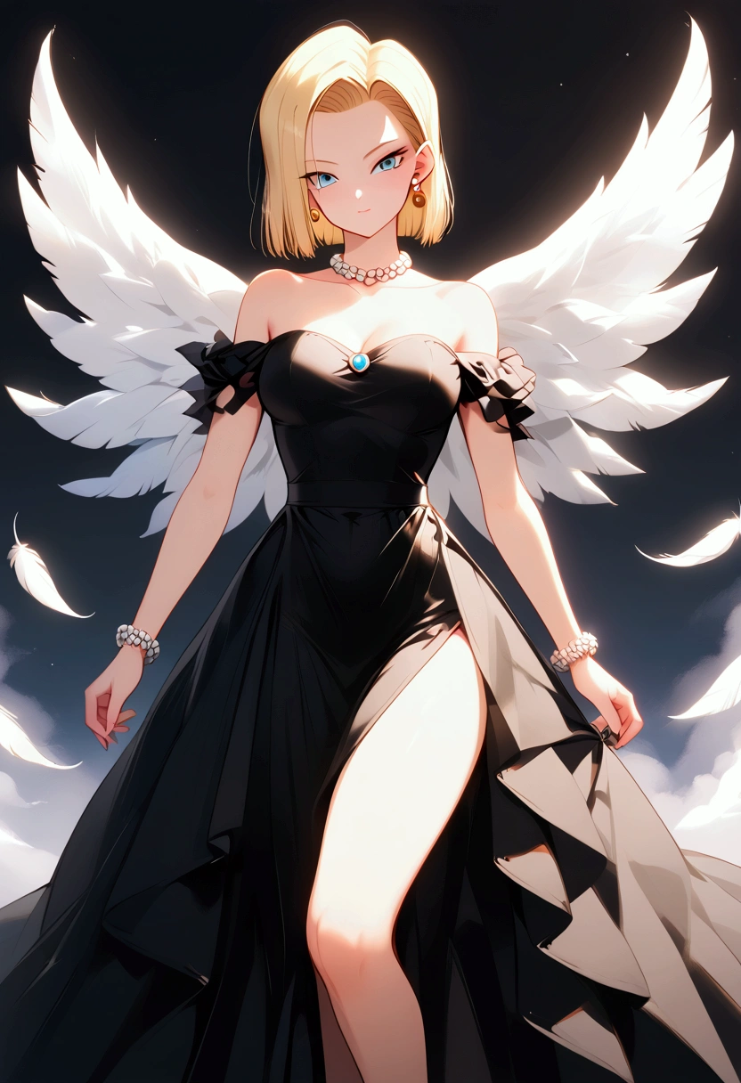 Full-body view of an enraged Android 18 from Dragonball Z, adorned in a stunning celestial dress embellished with numerous feathers and surrounded by a dark aura, gigantic magical feather angel wings