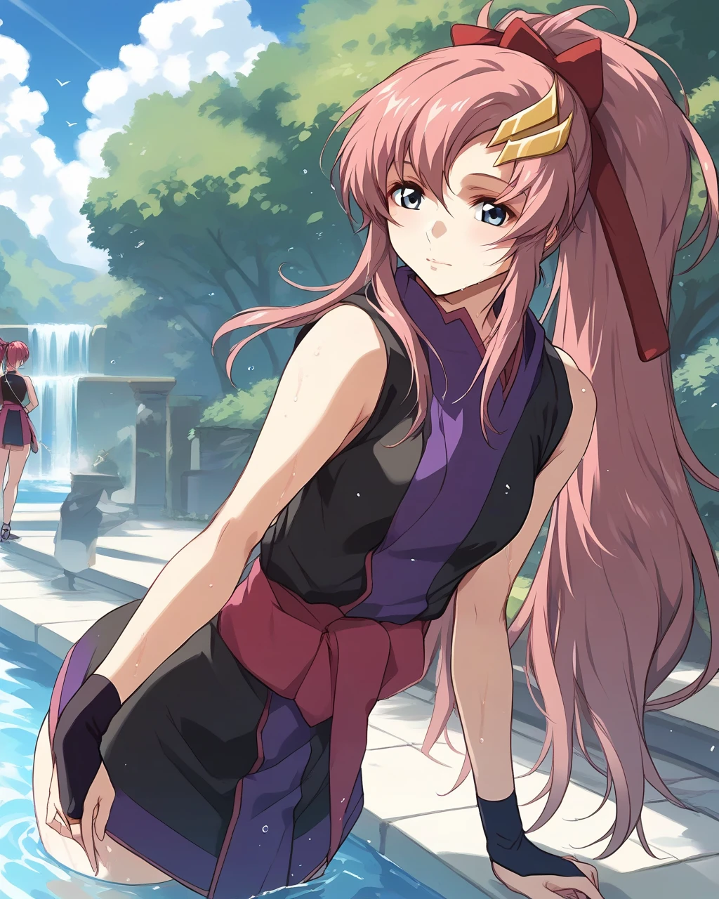 Lacus ClyneAA,blue eyes,pink hair,long hair,hair ornament,ponytail,hair ribbon,sleeveless,short kimono,sash,black kimono,black bridal gauntlets,elbow gloves,Outdoor、Pool、Pool内、Wet、服Wet、See-through