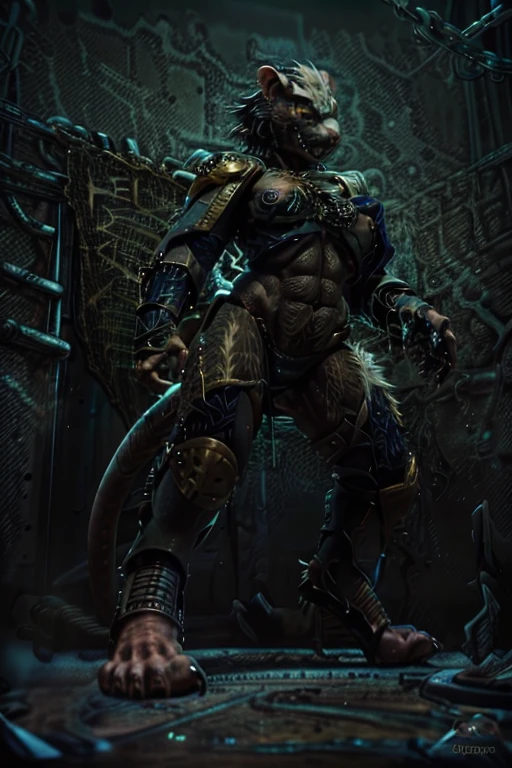 solo,anthro, rat, rodent, skaven, fluffy, safe, rat tail, hairy, warhammer fantasy, vermintide, front view, black body:1.3,masterpiece,highly detailed,8k resolution,solo,ultra detailed perfect piece,masterpiece,extremely detailed CG 8k,very fine 8K CG,best quality,absurdres,zoomed out view,full body view, full length portrait,((anthro)), 8k, 4k, 2k, detailed, intricate, (female), ((solo)), ((detailed fur)),Perfect Anatomy

Detailed background,a bright but desert likd wasteland in a battle field, in control of other skaven,zoomed out full body view,must be bright colors to see

Character a very big and tall Skaven female standing at over 12ft tall being a towering figure being taller then a house,D cups,thick thighs,feminine massively over-muscled phyique with abs,muscular arms,muscular legs,short white hair in a bob cut,thick messy fur on the body,dark black fur only,golden yellow eyes,one singular long pink rat tail,a pink nose on her snout,sharp fanged teeth on the muzzle,hands and feet being pink and rat like paws like with long and sharp claws for, she is smiling and confidently

She wears nothing but a space marine’s armor but with no helmet or gloves or boots, the armor is scavanged up and themed to fit for a skaven as a scavanges and forced to fit for a top and bottoms, the armor has an energy shield powered by the green glow of warpstone, the armor is black with the main color, red with rhe secondary color, with gold and silber timmongs

She has a Modified Storm Bolter in her left hand, a powerful flamethrower, and in her right hand lightning-infused blue steel axe with a blue lighting glow to it,with her armor having a green glowing rocks in it due to warpstones being embeded into the chest, stomach and shoulder armor areas

Must have black fur,as in jet black color for a pure black coat of fur,but not white fur with Space Marine themed armor

by personalami, by zephyxus, by darkgem, by null-ghost, skaven, MFBP1, Warhammer 40K