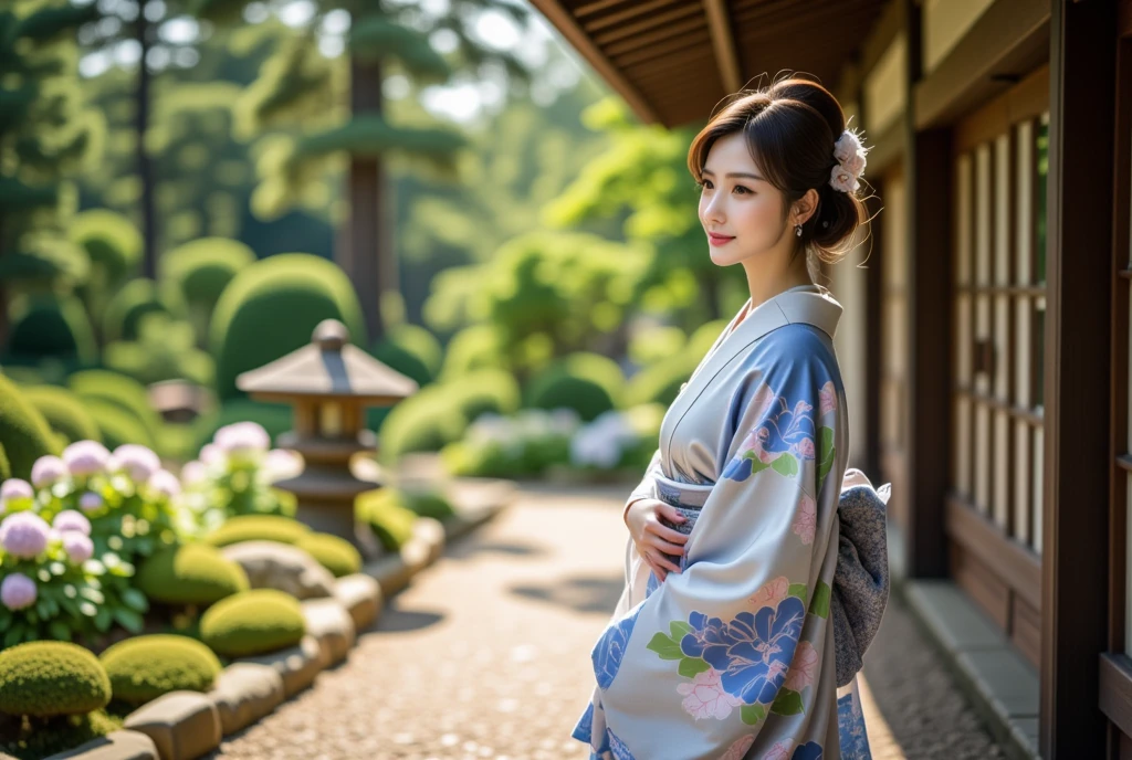 A hyper-realistic and cinematic depiction of a serene Japanese summer landscape, captured from a close-up, waist-up perspective. Outside the corridor of an old Japanese mansion, a lush garden flourishes under the vibrant summer sun. Tall black pine trees cast dappled shadows on the ground, their deep green needles swaying gently in the breeze. The bright sunlight filters through the leaves, creating patterns of light and shadow on the carefully raked gravel paths and mossy stones. A stone lantern stands among colorful hydrangeas in full bloom, their soft petals bursting with shades of blue, purple, and pink. The warm, clear summer air feels alive with the soft hum of cicadas echoing through the peaceful scene.

In the shaded wooden corridor, a Japanese woman stands gracefully, facing forward with a serene expression. She wears a traditional yukata in soft white and pale blue, adorned with delicate patterns of morning glories and swirling water motifs, evoking the refreshing coolness of summer. Her dark hair is neatly styled and adorned with a subtle floral hairpin. In her right hand, she delicately holds a folding fan (sensu), partially opened, its surface decorated with a painting of flowing water and flowers. The fan adds an elegant and practical touch, as if she is cooling herself against the summer heat. The sunlight filtering through the corridor gently illuminates her face and the intricate details of her yukata, creating a harmonious interplay between light and shadow. Her poised and tranquil presence complements the timeless beauty of the garden, capturing the essence of a peaceful Japanese summer day.