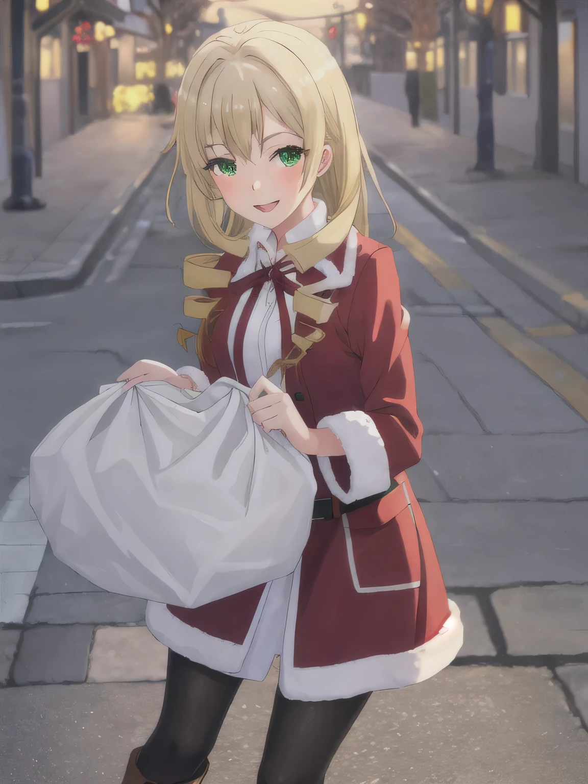 She is dressed in a classic Santa Claus outfit, with a red and white coat, a matching skirt, and black boots, perfectly tailored to her small frame. On her back, she carries a large, white sack filled with presents, the soft fabric of the bag hinting at its generous contents. The The background is a street corner illuminated with Christmas decorations, with the sky transitioning from a warm orange of sunset to the cool blue of night. Snowflakes gently fall, adding to the tranquil winter atmosphere. The girl’s bright and cheerful expression contrasts beautifully with the peaceful surroundings, evoking a sense of warmth and festive joy.　 top quality , masterpiece, length_hair,  blondes_hair, green_eye, black_ jacket, drill_hair, ribbon,  neck_ribbon, red_ribbon, hair_ between queen _eye