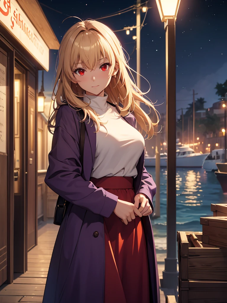 (​masterpiece, top-quality, hight resolution, Unity 8k, extremely details CG:1, Best Picture), arcueid brunestud, blonde hair, (red eyes:1.5), short hair, ahoge, long skirt, (((purple skirt))), sweater, turtleneck, white sweater, large breasts, "A mysterious and beautiful woman standing under the dim light of a street lamp at a quiet harbor at night. The faint glow reflects off the calm water, and cargo crates are stacked nearby. She wears a long coat over a sleek dress, her hair gently tousled by the sea breeze. Her expression is both serene and inviting, as if waiting for someone special or sharing a secret rendezvous. She gazes toward the viewer, a slight smile playing on her lips, one hand tucked into her coat pocket while the other holds a small, unassuming bag. The air feels cool and heavy with the sounds of distant waves."