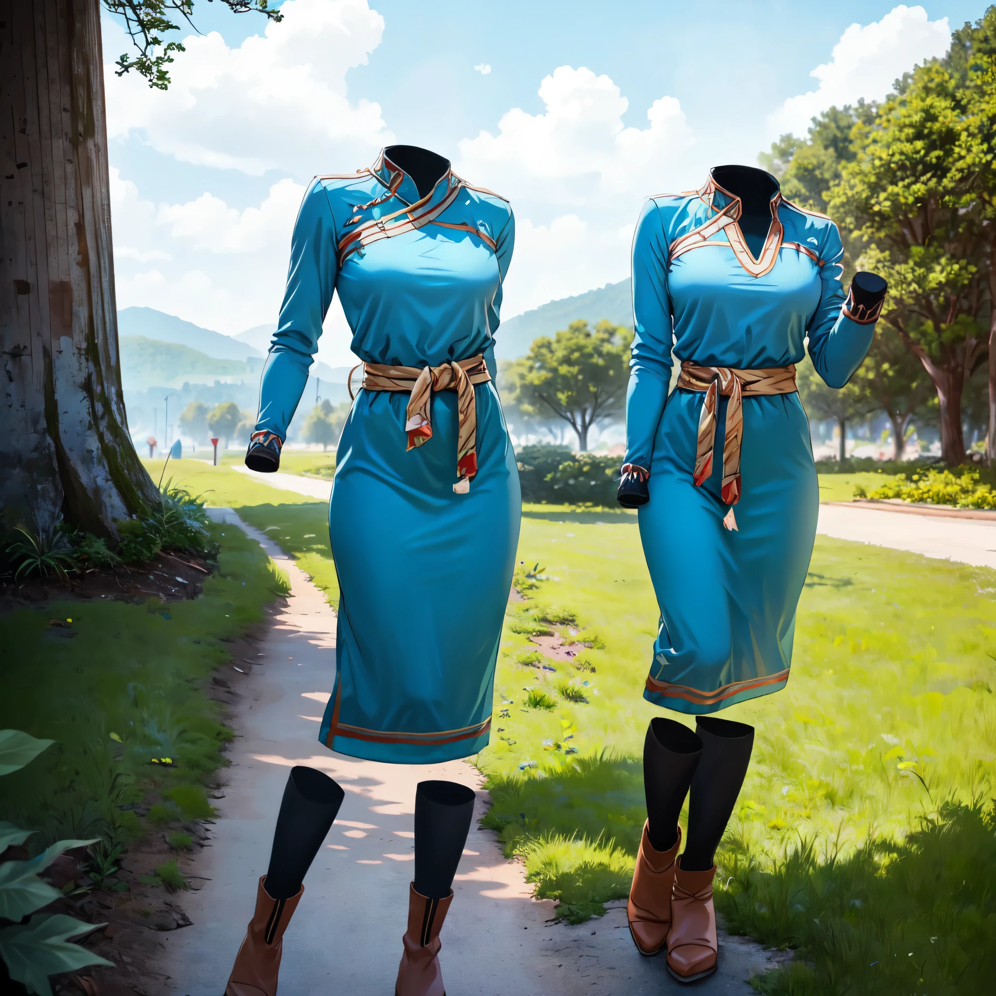 (invisible, no humans, headless, faceless:1.5), close-up shot of breasts, blue dress, long sleeves, side slit, (defaultLyn), blue dress, sash, brown boots, one girl, alone, on grass, (8k, RAW photo, best quality, masterpiece:1.2), (realistic, photo-realistic:1.37), photon mapping, radiosity, ((Hasselblad photography)), physically-based rendering