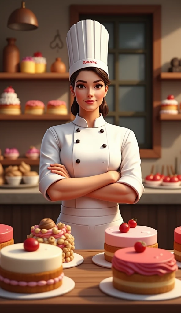 drawing, illustration of woman with black hair in suit (Pastry chef's hat and suit) posing for the photo crossing her arms