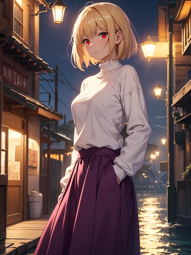 (​masterpiece, top-quality, hight resolution, Unity 8k, extremely details CG:1, Best Picture), arcueid brunestud, blonde hair, (red eyes:1.5), short hair, ahoge, long skirt, (((purple skirt))), sweater, turtleneck, white sweater, large breasts, "A mysterious and beautiful woman standing under the dim light of a street lamp at a quiet harbor at night. The faint glow reflects off the calm water, and cargo crates are stacked nearby. She wears a long coat over a sleek dress, her hair gently tousled by the sea breeze. Her expression is both serene and inviting, as if waiting for someone special or sharing a secret rendezvous. She gazes toward the viewer, a slight smile playing on her lips, one hand tucked into her coat pocket while the other holds a small, unassuming bag. The air feels cool and heavy with the sounds of distant waves."