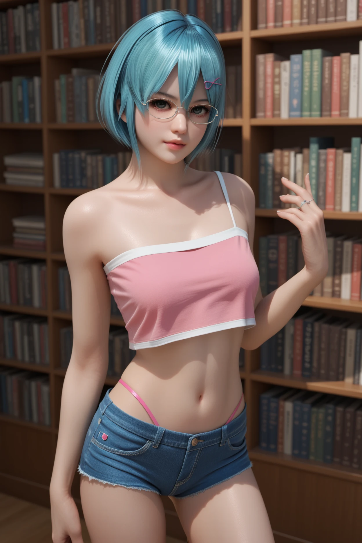 nico, pink one-shoulder crop top, mini jeans, shorts, thong, library, sexy, glasses, score_9, score_8_up, score_7_up, zPDXL3