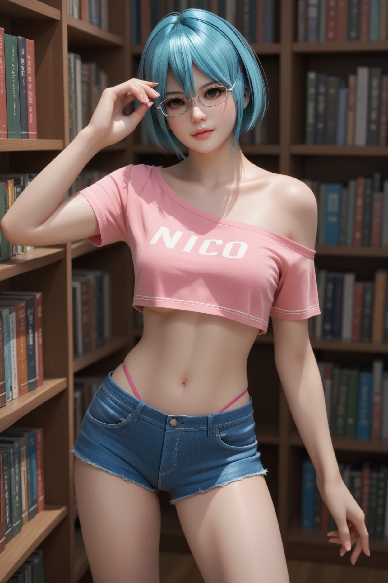 nico, pink one-shoulder crop top, mini jeans, shorts, thong, library, sexy, glasses, score_9, score_8_up, score_7_up, zPDXL3