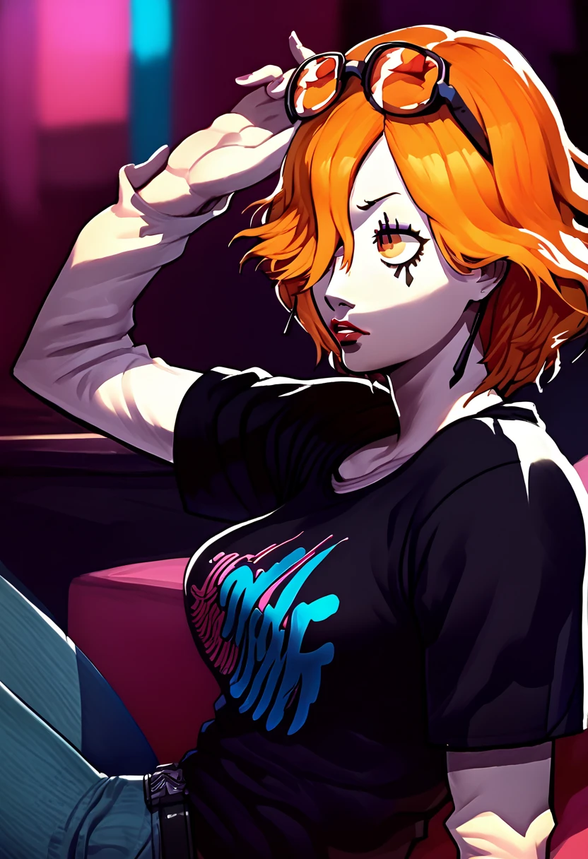 1 girl, sunglasses on head, lipstick, black t-shirt, clothes writing, layered sleeves, large breasts, jeans, Kronya, orange eyes, orange hair, hair over one eye, pale skin