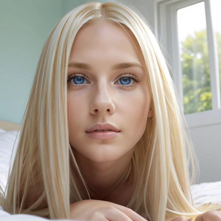  surreal,  super detailed ,  beautiful blonde girl , Super long platinum blonde straight hair,Larger breasts, Very large, incredibly bright blue eyes, Teenage beauty,summer, From the bed、 lying on your back 、 on all fours、Bangs above the face、Small Face Beauty、Round face、Very white, young and beautiful skin