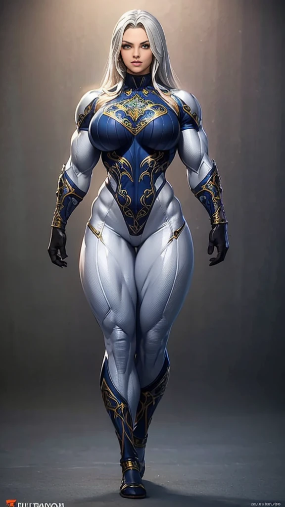 ((plain background:1.2, 1sologirl)) full body standing barefoot, purple skin, drow, elf, Madura, Detailed happy face, purple eyes, white hair bob style, gold bikini, well defined six pack abs, Large knockers, black leather choker with gold cow bell, gold chain necklace, golden bracers on feet and arms, golden gloves, belly button