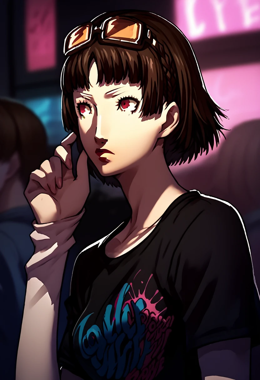 1 girl, sunglasses on head, lipstick, black t-shirt, clothes writing, layered sleeves, large breasts, jeans, Makoto Niijima, red eyes, brown hair, crown braid