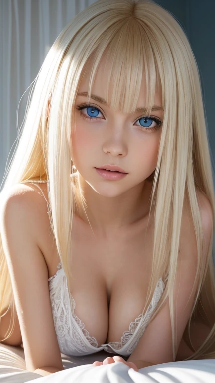  surreal,  super detailed ,  beautiful blonde girl , Super long platinum blonde straight hair,Larger breasts, Very large, incredibly bright blue eyes, Teenage beauty,summer, From the bed、 lying on your back 、 on all fours、Bangs above the face、Small Face Beauty、Round face、Very white, young and beautiful skin