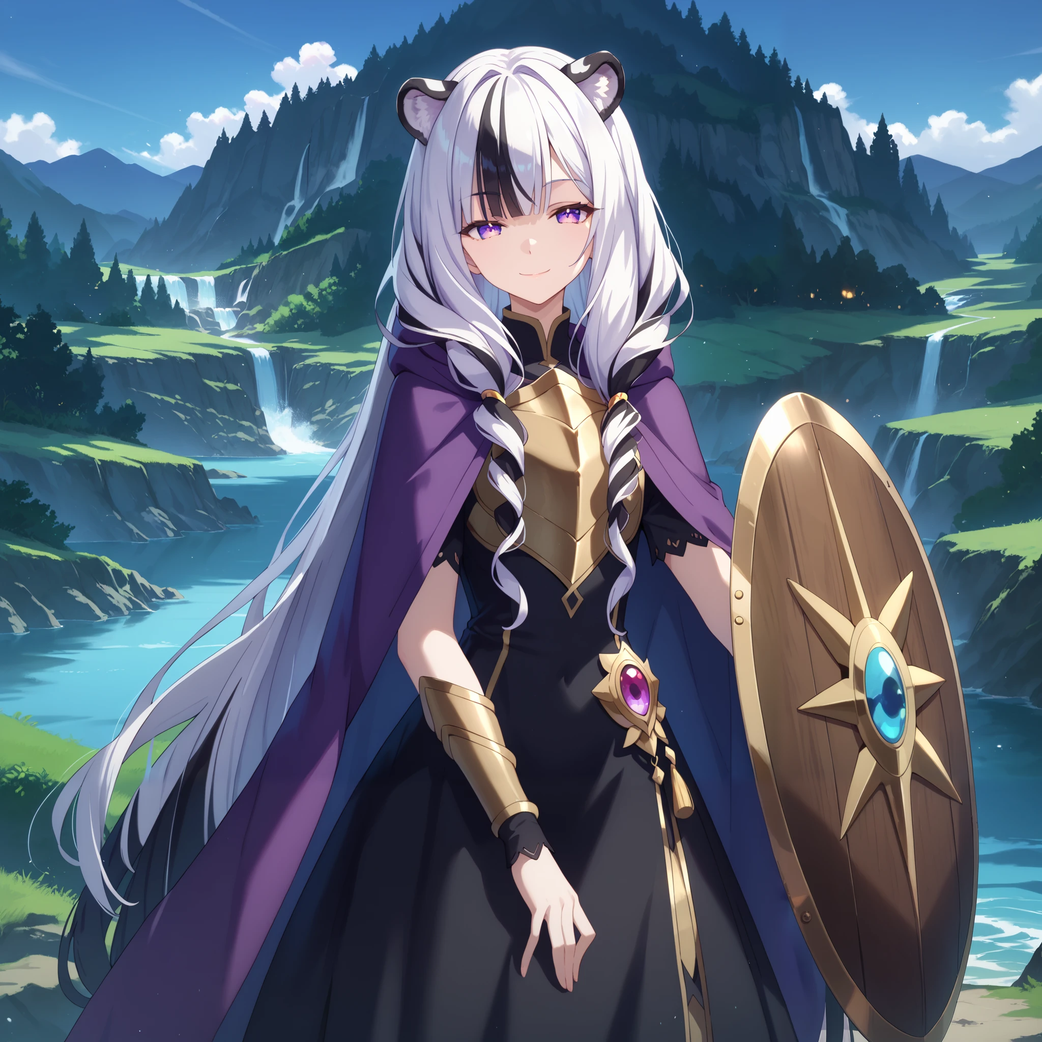 ((masterpiece)), 1girl, solo, very long hair, white hair, black hair, multicolored hair, white tiger ears, white tiger tail, open eyes purple eyes, looking at viewer, kind smile, night scenery, extends hand to the viewer, motherly smile, standing, purple dress, black dress, multicolored dress, armored dress, half-lidded eyes, Shield on right wrist, metal breastplate, purple cape, white fur on cape, single Shield.