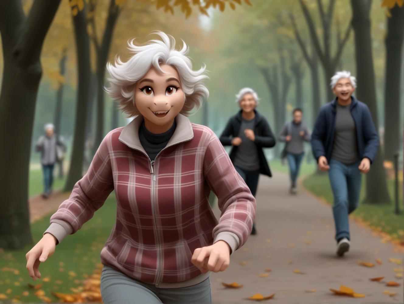  grandma with a walker in her hands , grandmother ( with huge glasses runs very fast, raising her legs high  , raising the walker above your head with a smile on your face, Running through the woods), a huge anisotropic werewolf is running after the grandmother in the background 