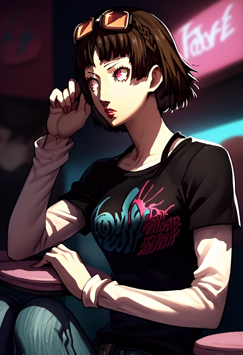 1 girl, sunglasses on head, lipstick, black t-shirt, clothes writing, layered sleeves, large breasts, jeans, Makoto Niijima, red eyes, brown hair, crown braid, full body