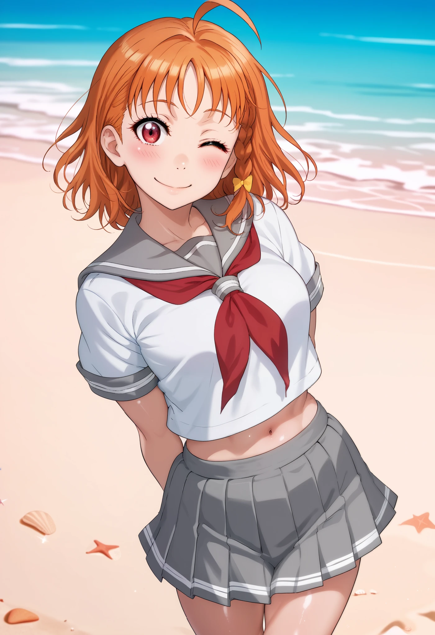 1girl, takami chika, medium hair, orange hair, standing, sporty athletic build, sharp lines, vibrant colors, breasts outlines, RUKIA Style, shiny skin, ahoge, blush, braid, grey sailor collar, grey skirt, looking at viewer, miniskirt, pleated skirt, red eyes, red neckerchief, sailor collar, serafuku, shirt, short sleeves, side braid, smile, solo, split mouth, summer uniform, uranohoshi school uniform, white shirt, yellow bow, standing on beach, playful pose, light breeze, flowing hair, flowing clothes, beach setting,arms behind back,one eye closed, midriff