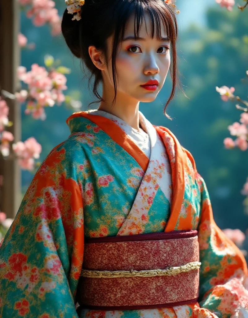 (best quality, 4k, 8k, high resolution, masterpiece: 1.2), ultra detailed, (realistic, photorealistic, photorealistic: 1.37), professional photography.A serene and elegant portrait of a young Japanese woman wearing a traditional yukata. She is standing in a tranquil garden during a summer evening, surrounded by blooming flowers and softly glowing lanterns. The yukata features intricate floral patterns in shades of blue and white, with a contrasting vibrant obi sash tied in a neat bow. Her hair is styled in a classic updo with decorative kanzashi hairpins, and she holds a delicate folding fan in her hand. The scene captures a peaceful, dreamy atmosphere with a soft warm glow, highlighting the textures and details of the yukata and the lush surroundings