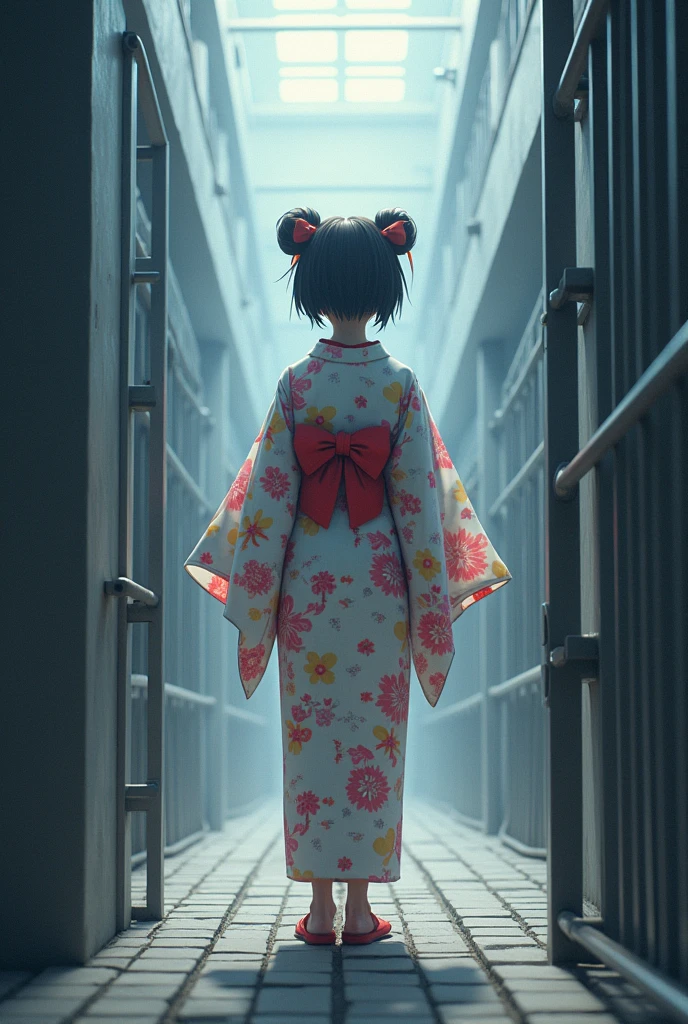  invisible girl in cute colorful yukata, at prison,