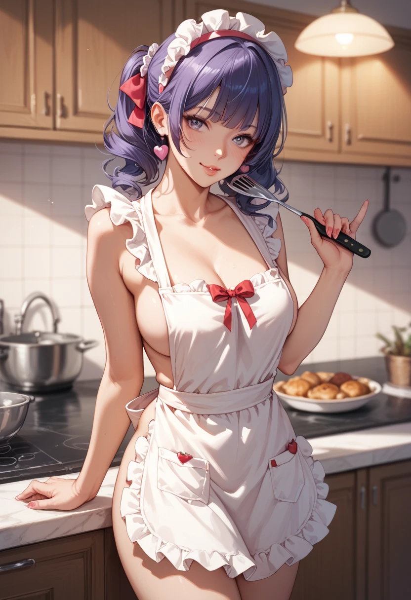 (high quality, 8k, 4K, high contrast, artwork:1.2, high quality, best aesthetics), ((1 woman)), erotic, sensual, mature body, super detailed, beautiful face detailed, beautiful eyes detailed, detailed beautiful mouth, sexy body, perfect breats, (long, wavy dark purple hair), (dark purple eyes), (black lipstick), (serious facial expression), (naked with a long white kitchen apron), (kitchen), (standing cooking in the kitchen)
