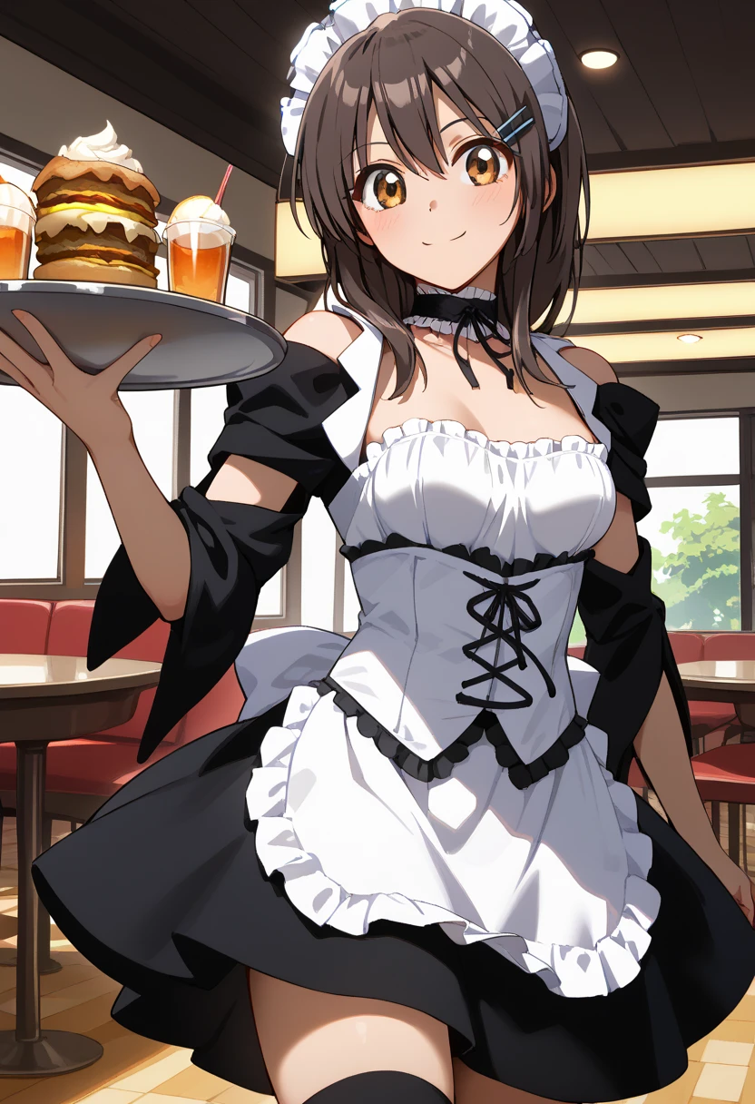  Masterpiece 、 top quality 、score_9、score_8_up、score_7_up、break 1young girl, Ayuzawa Misaki , medium hair, Brown Hair, Maid ヘッドドレス, hair clip,  brown eyes, Maid,  frill choker ,  off shoulder,  black dress,  WHITE CORSET,  white apron ,  black thigh high socks,medium breasts, break (walking), (throw),  restaurant , Tray, Honeycomb Smile,break (、)break (bouncing breasts, motion blur being retouched:1.1)