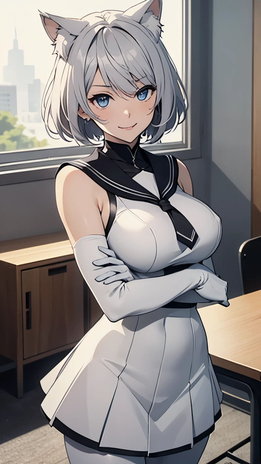 table top High level image quality best image quality 8K adult woman whole body portrait pure white long gloves(elbow gloves) Pure white pantyhose white leotard(Tube top) white wolf ears short hair((shortcut)(gray hair)(perm)(fluffy)) eye color is blue attractive face((laughter)(smile)(open your mouth)) sexy pose Are standing