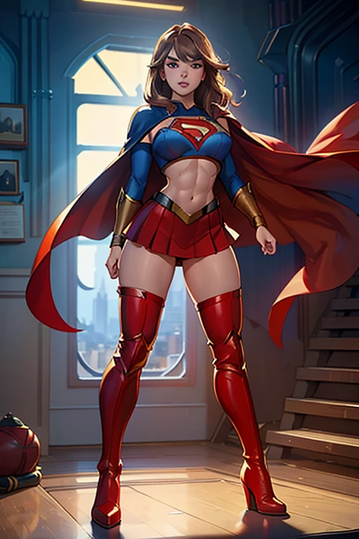 supergirl, krypton, (Super realistic), (Illustration), (High resolution), (8K), (Extremely detailed), (Best illustration), (Beautiful and detailed eyes), (Best quality), (Super detailed), (Masterpiece), ( wallpaper), (detailed face), solo, 1 girl, looking at the viewer, detail, detailed face, in the dark, deep shadows, discreet, pureerosfaceace_v1, smiling, half body, transparent panties, ((cameltoe)), ((protrusions)), long legs, thin waist, buttocks, makeup  ultrathin, ultra-thin tissues, legs apart, focus on the groin