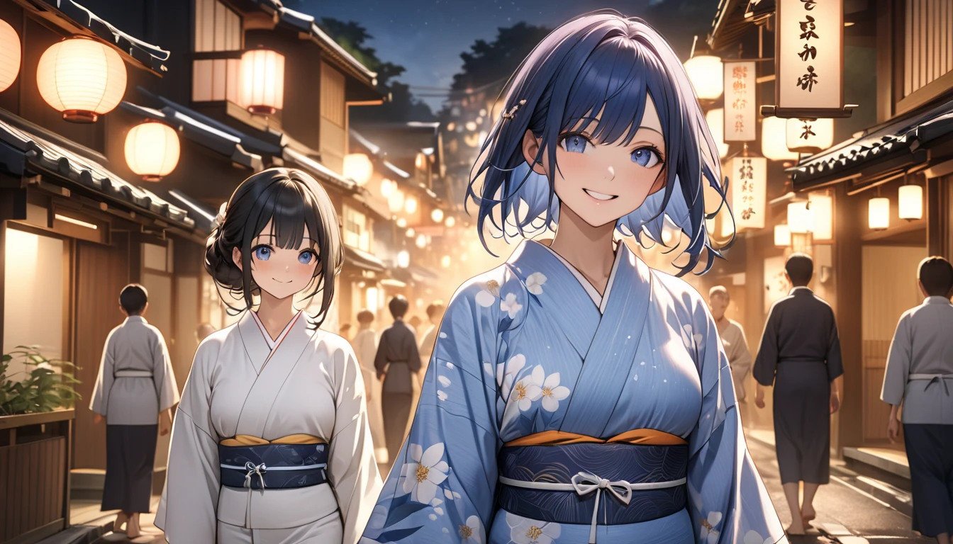 A realistic anime-style portrait of two Japanese women walking through a hot spring town at night dressed in blue and white yukatas, They are smiling and relaxed enjoying the warm glow of the streetlights and the bustling yet cozy atmosphere of the town, The setting captures the traditional and charming essence of the hot spring town with a POV angle highlighting their peaceful stroll, Wrap a towel around your head, The two people are opposite in yukata and their individuality shines, UHD, retina, masterpiece, accurate, textured skin, anatomically correct, super detail, high details, high quality, highres, best quality, award winning, 16k