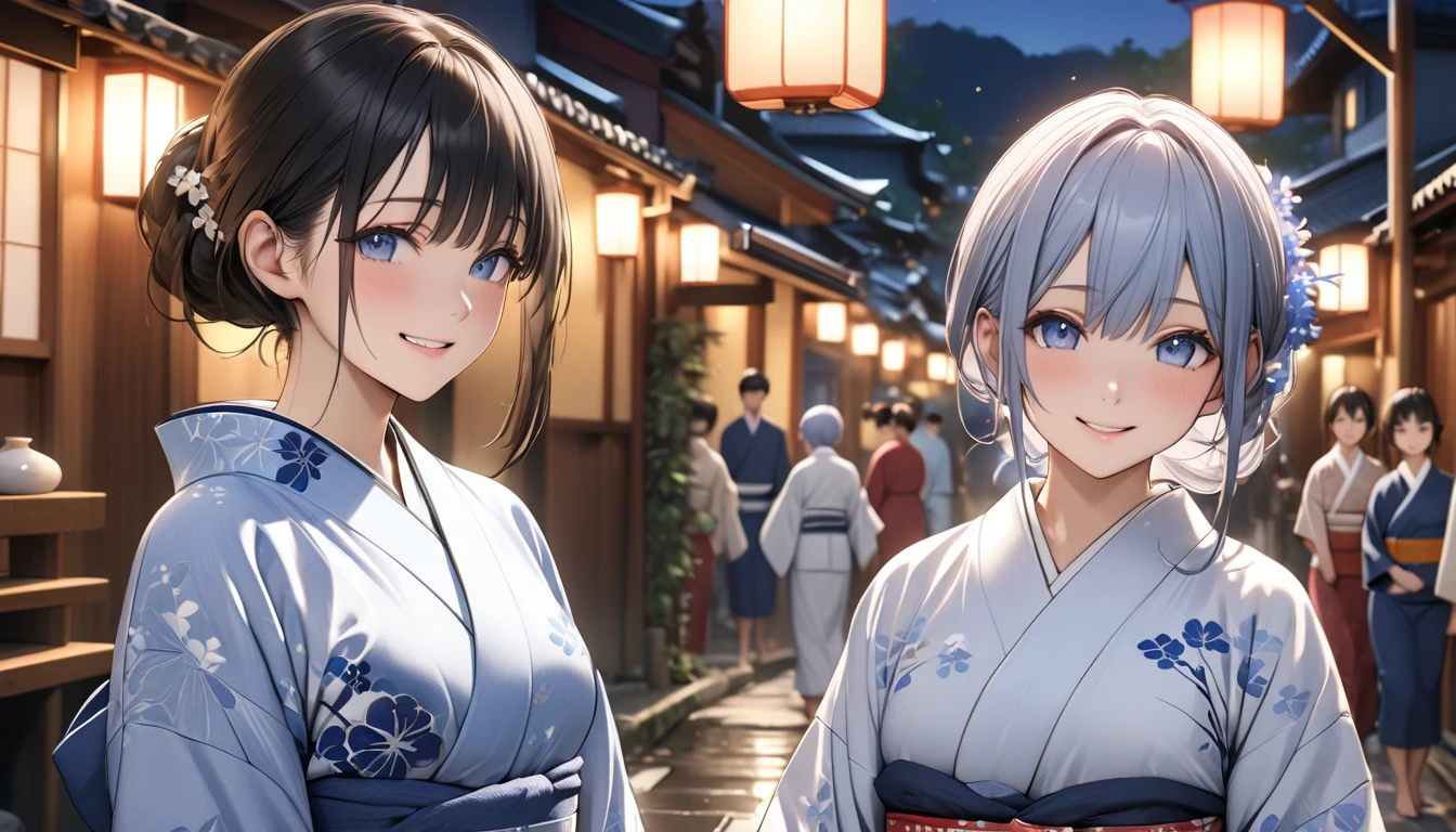 A realistic anime-style portrait of two Japanese women walking through a hot spring town at night dressed in blue and white yukatas, They are smiling and relaxed enjoying the warm glow of the streetlights and the bustling yet cozy atmosphere of the town, The setting captures the traditional and charming essence of the hot spring town with a POV angle highlighting their peaceful stroll, Wrap a towel around your head, The two people are opposite in yukata and their individuality shines, UHD, retina, masterpiece, accurate, textured skin, anatomically correct, super detail, high details, high quality, highres, best quality, award winning, 16k