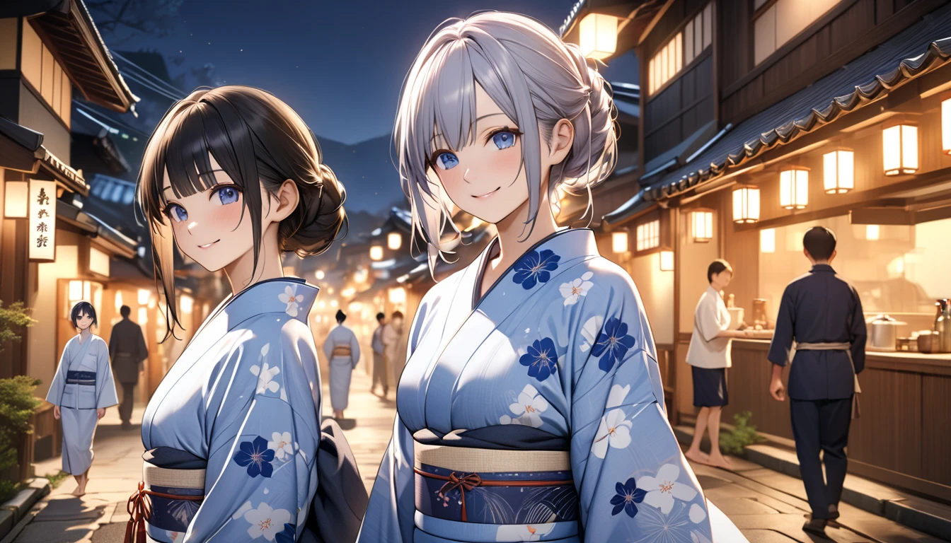 A realistic anime-style portrait of two Japanese women walking through a hot spring town at night dressed in blue and white yukatas, They are smiling and relaxed enjoying the warm glow of the streetlights and the bustling yet cozy atmosphere of the town, The setting captures the traditional and charming essence of the hot spring town with a POV angle highlighting their peaceful stroll, Wrap a towel around your head, The two people are opposite in yukata and their individuality shines, UHD, retina, masterpiece, accurate, textured skin, anatomically correct, super detail, high details, high quality, highres, best quality, award winning, 16k