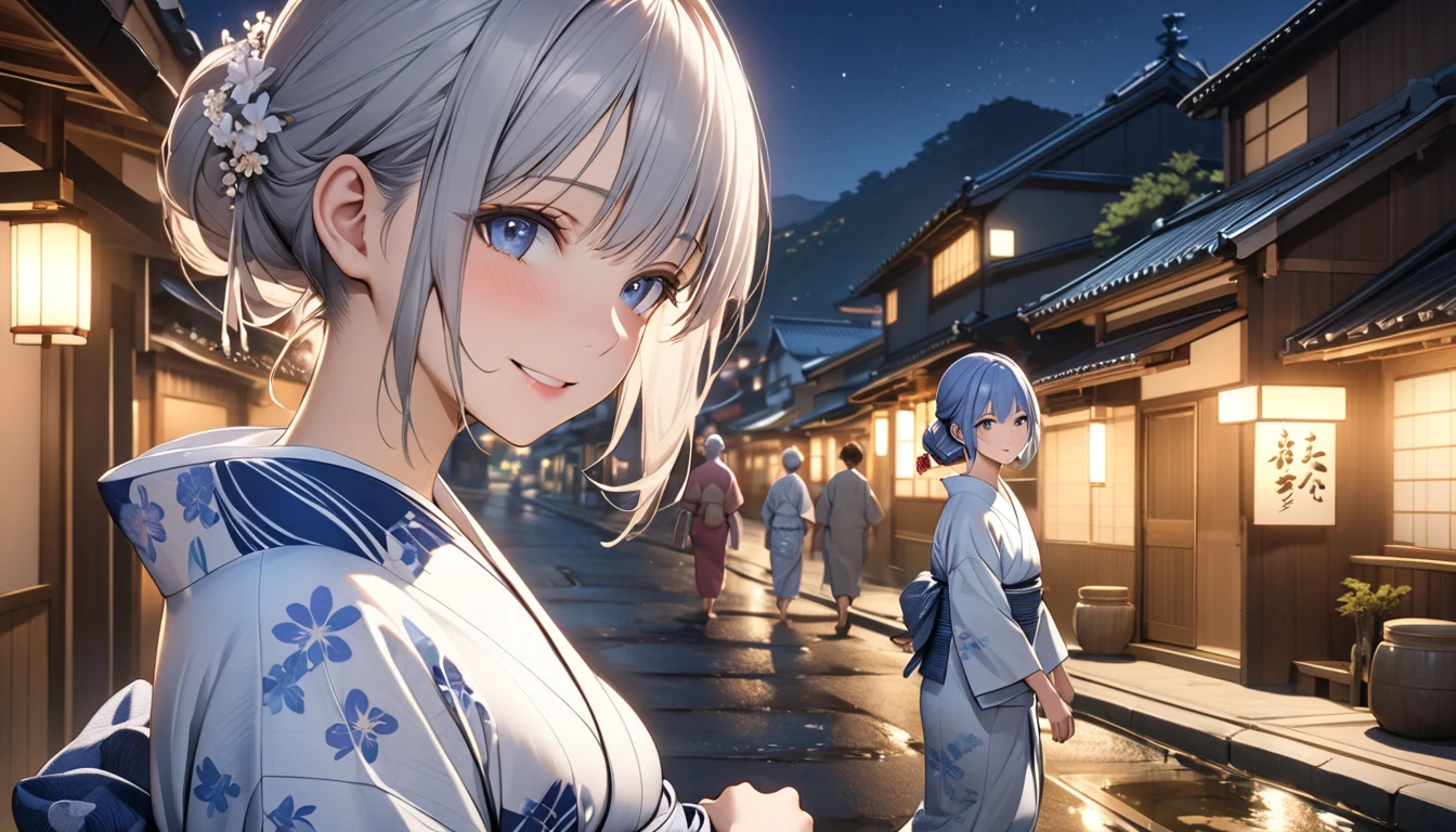 A realistic anime-style portrait of two Japanese women walking through a hot spring town at night dressed in blue and white yukatas, They are smiling and relaxed enjoying the warm glow of the streetlights and the bustling yet cozy atmosphere of the town, The setting captures the traditional and charming essence of the hot spring town with a POV angle highlighting their peaceful stroll, Wrap a towel around your head, The two people are opposite in yukata and their individuality shines, UHD, retina, masterpiece, accurate, textured skin, anatomically correct, super detail, high details, high quality, highres, best quality, award winning, 16k