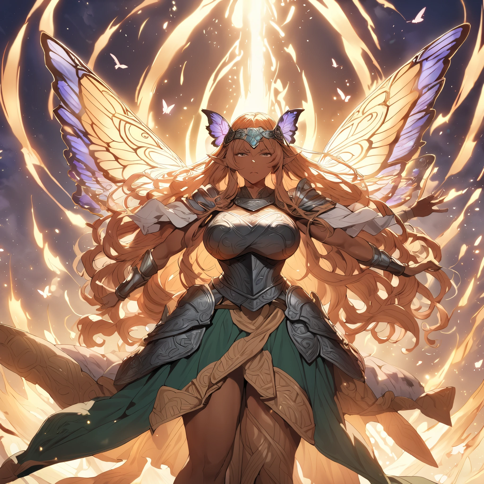 Anime, high detailed, 1 woman, mature woman, fairy woman, elf ears, extremely long alburn hair, tanned skin, curvy body, big Breasts, celtic armor, celtic warrior armor, ornamented headband, skirt, narrowed eyes, serious, butterfly's wings, spreading her butterfly's wings, full body, standing