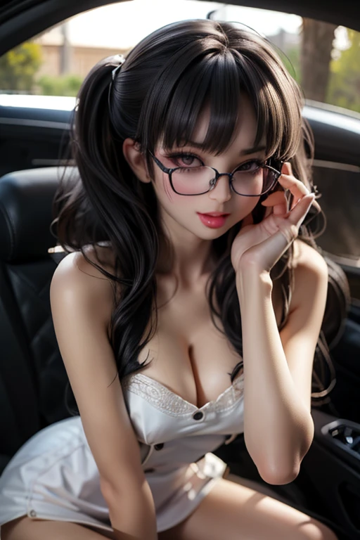 quality、masterpiece、High sensitivity、 high definition 、 detailed description 、 delicate facial depiction )), Slender woman、Glasses、Sit in a convertible car and 、 sexy seductive gaze、While licking your lips、Mini dress、