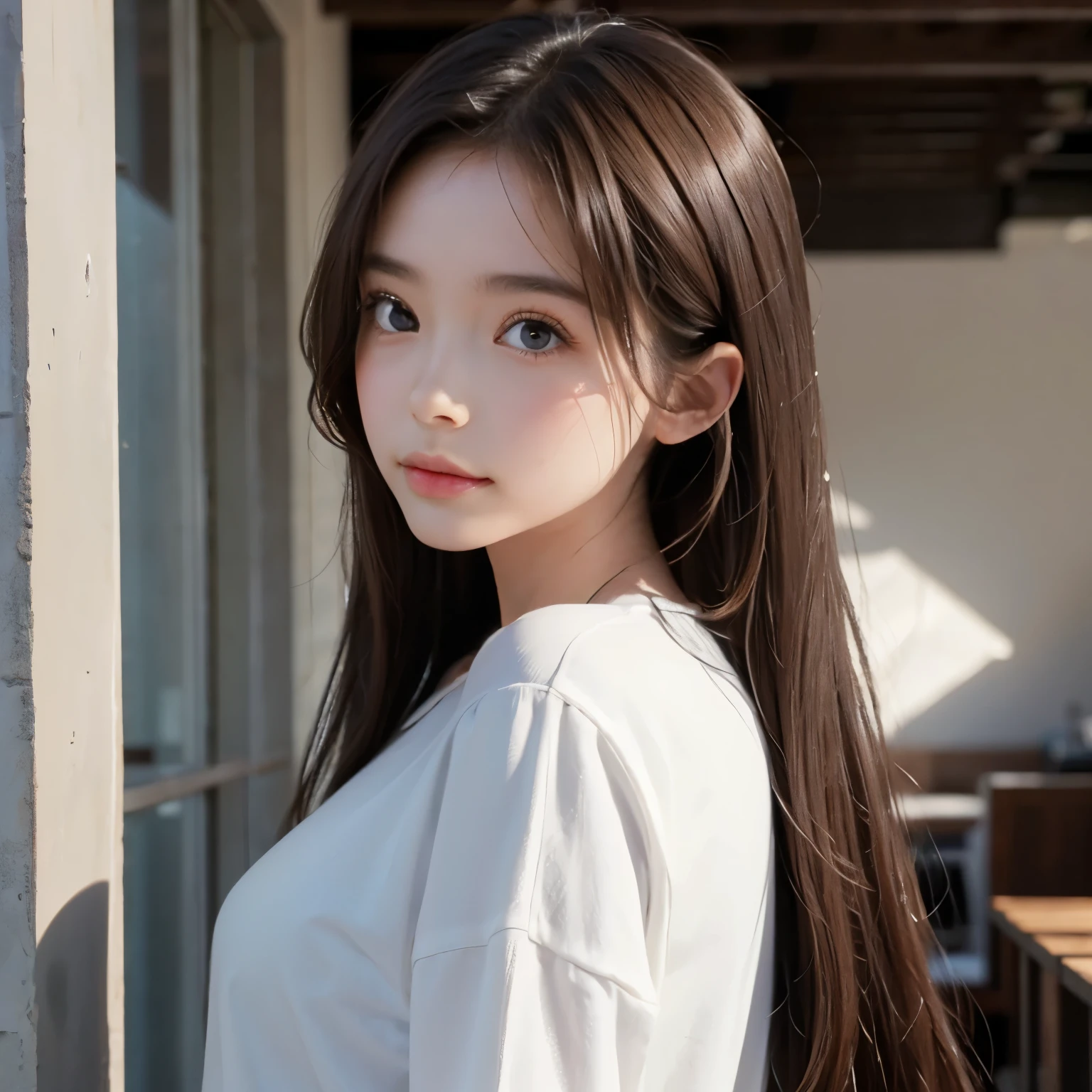Girl, long brown hair, gray eyes, calm features, white skin, jeans style