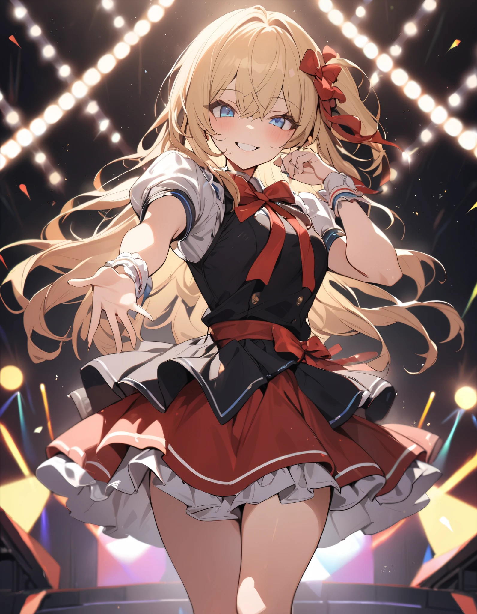 shiratorishiori, blonde hair, hair ribbon, red ribbon, twintails, wavy hair, hair between eyes, blue eyes, freckles,, large breasts, live stage, solo,