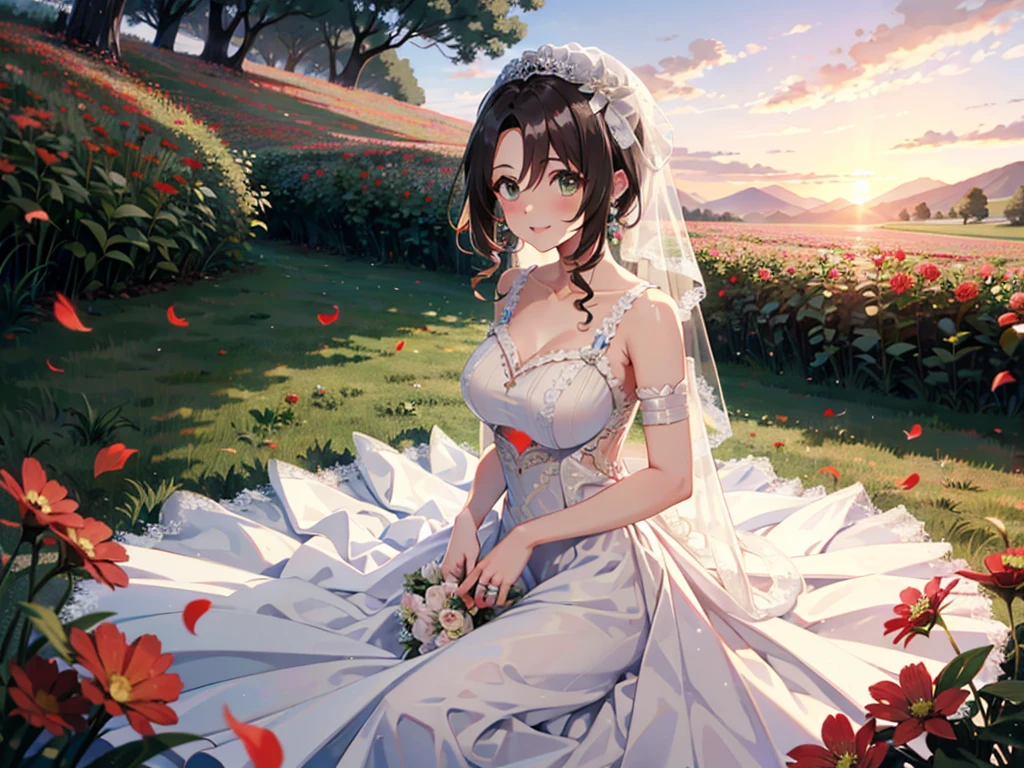 1bride, 1woman, 1girl, wedding dress, flower field, a lot of flowers, 