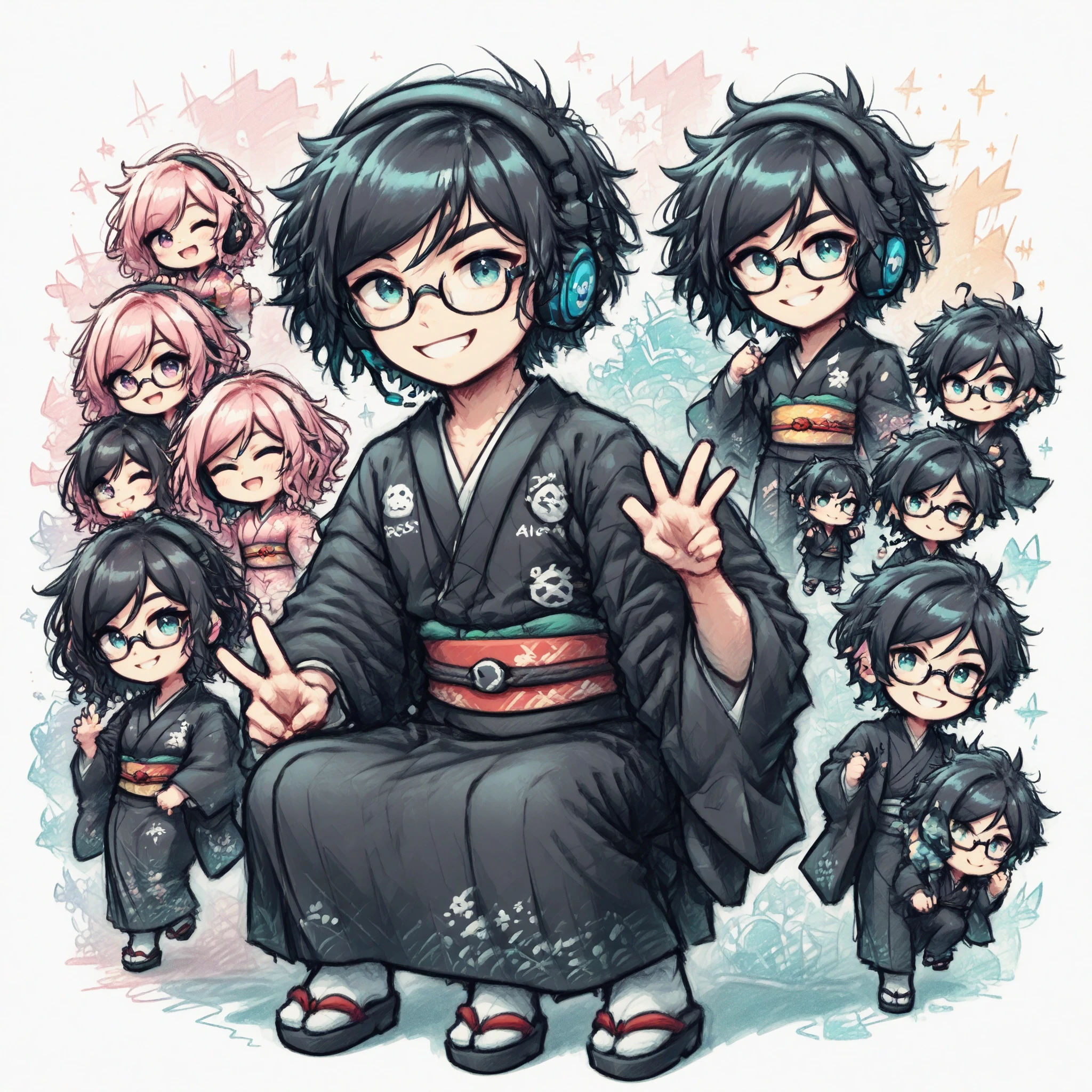 A one Japanese boy wearing black suit, A one Japanese girl wearing black Japanese-kimono, black wavy hair, semi-short hair, wearing glasses, Front facing, gaming headset, full body image, icon, smiling, chibi, kawaii