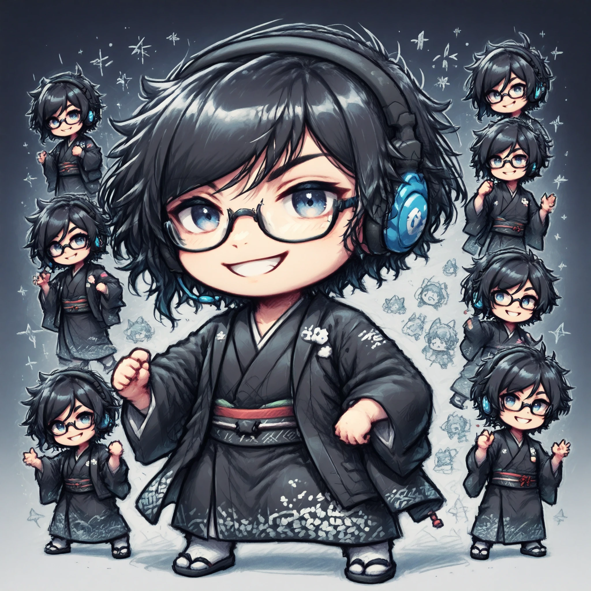 A one Japanese boy wearing black suit, A one Japanese girl wearing black Japanese-kimono, black wavy hair, semi-short hair, wearing glasses, Front facing, gaming headset, full body image, icon, smiling, chibi, kawaii