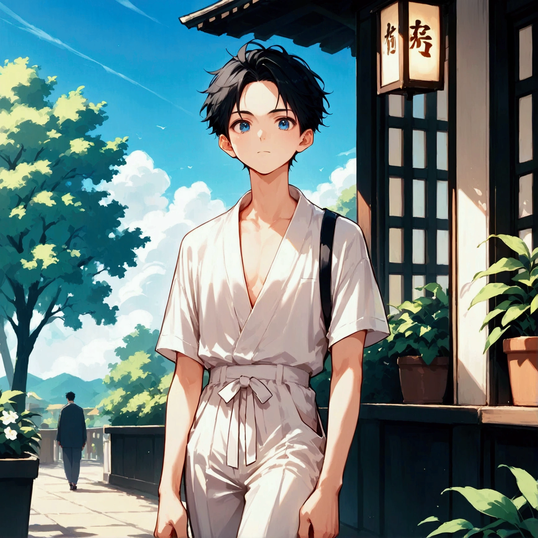 score_9, score_8_up, score_7_up,RAW photo,((8k)),japanese boys,Nagi-kun,bad mood,casual black hair and dark blue eyes,Forehead,(white hakama),ceremony,Alone