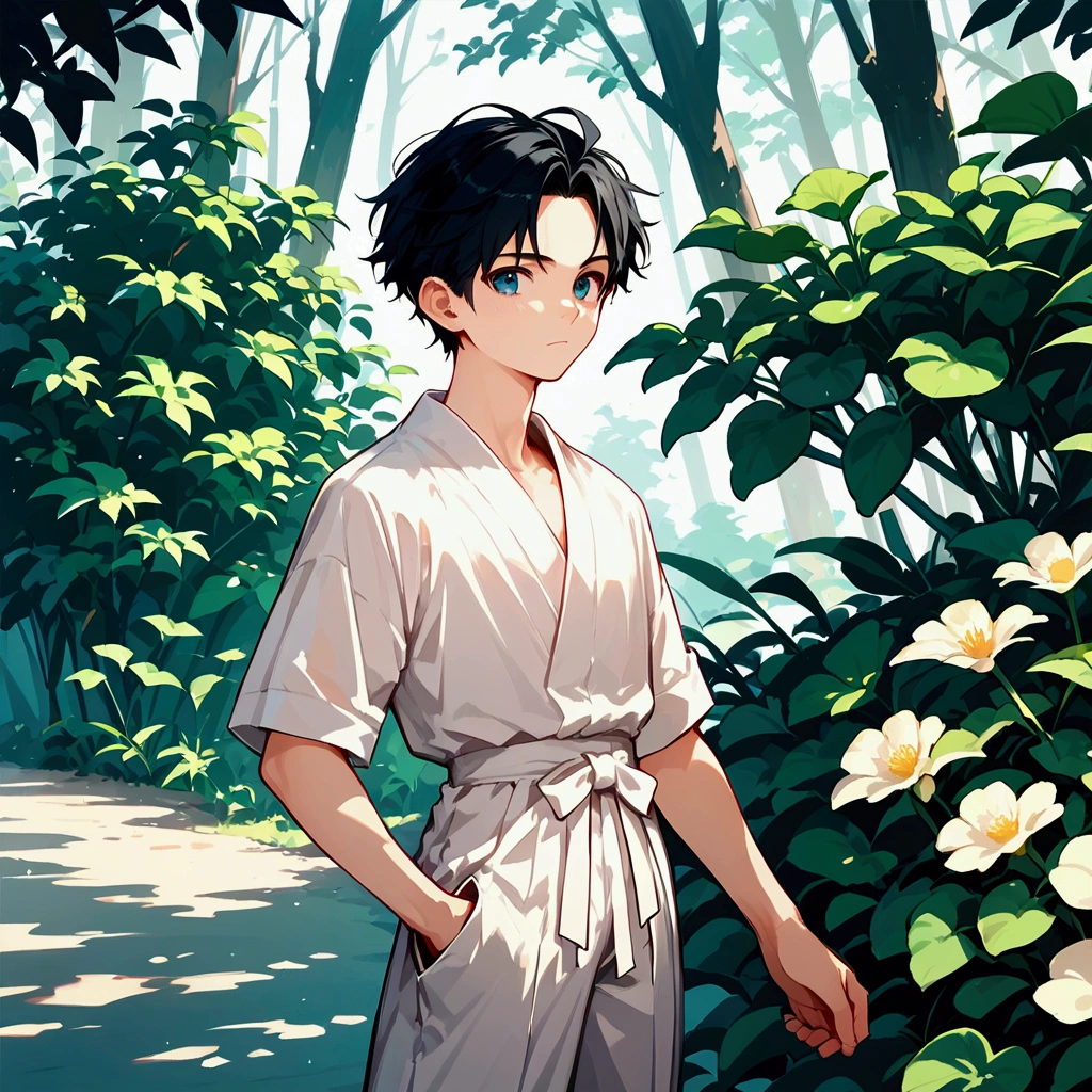 score_9, score_8_up, score_7_up,RAW photo,((8k)),japanese boys,Nagi-kun,bad mood,casual black hair and dark blue eyes,Forehead,(white hakama),ceremony,Alone