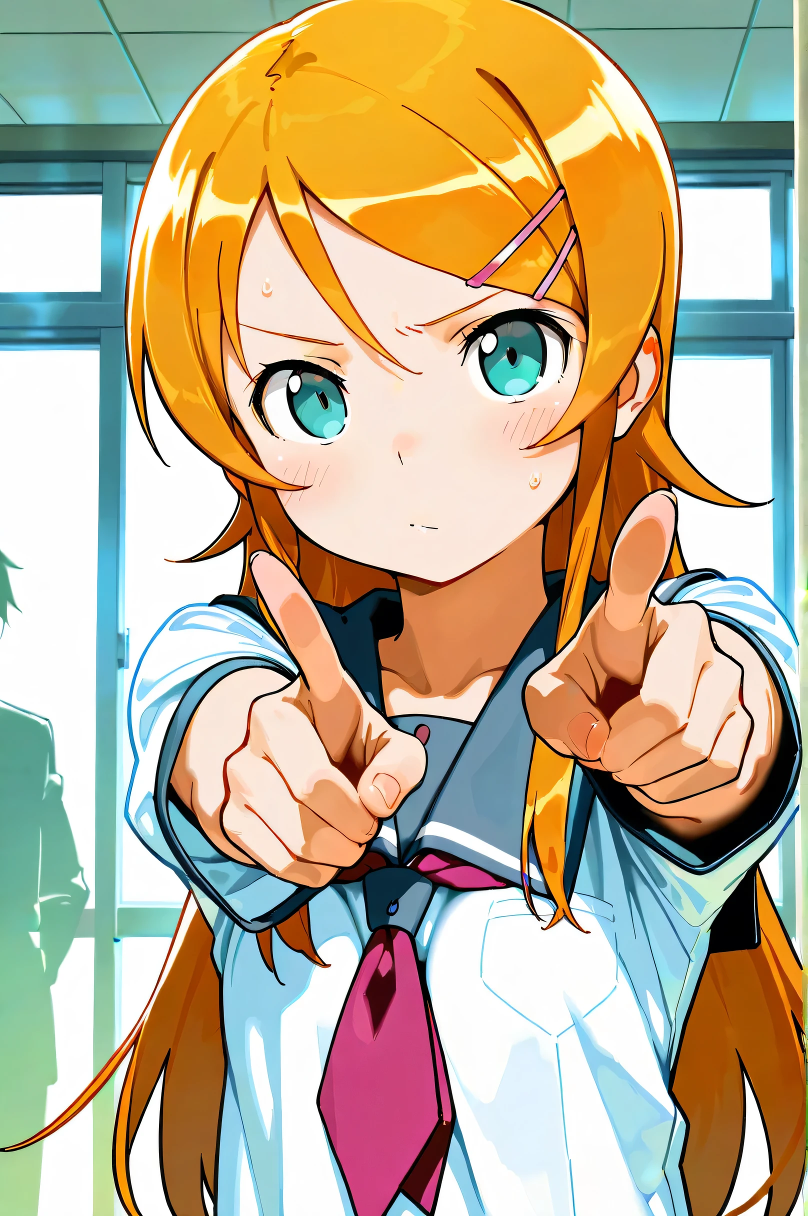  Masterpiece ,  top quality,  score_9,  score_8_up,  score_7_up, break ( 1 girl ,14yo, kousaka kirino, height 1.65meters  , Slim 45kg, hair accessory with a star on the right eye, alone,  long hair,upper body,MEDIUM BRAASTS  :1.4,  hair clip , Orange Hair,School, sailor suit,Aqua Eyes,  blue eyes, BREAK watching viewers、 zitoida,pointing at viewer