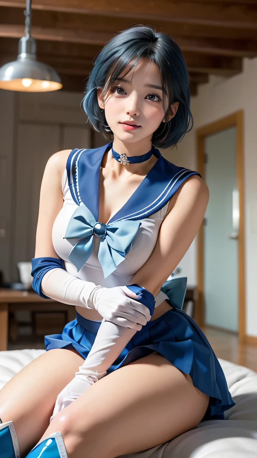 Masterpiece, Top Quality, Ultra High Resolution, (Realistic), RAW Photo, Octane Render, Wearing Sailor Mercury outfit, Restrained in pillory, ((Pillory 1.5)), Stainless steel pillory, Flail on head, Flail on hands, Flail on feet, Defeated, Hopeless, Mature, (36 years old), Plump face: 1.2, Sexy, Top Quality, Very detailed, Very accurate, Mature, (36 years old), Plump face: 1.2, ((Wearing Sailor Mercury outfit, Restrained)), ((Pillory, Stainless steel restraint table)), (Detailed Sailor Mercury outfit), ((Blue sailor collar, Blue mini pleated skirt, Exposed thighs, Long gloves, Blue long boots, Stiletto heels, Choker, Tiara)), (((Shiny outfit))), Bright blue hair: 1.3, Large  Eyes: 1.3, droopy eyes: 1.2, heavy eye make-up: 1.3, large breasts: 1.1, small eyes: 1.4, looking at the viewer: 1.2, dungeon, prison: 1.5