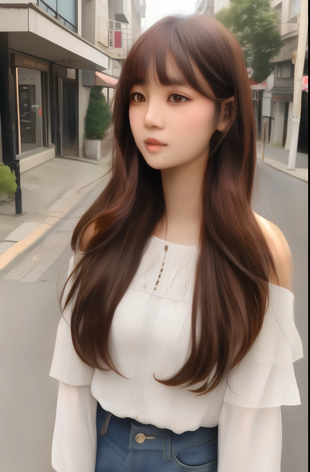 araffed asian woman with long hair and white blouse standing on the street, brown long hair with bangs, Asian girl with long hair, brown flowing hair, long hair with full bangs, Long hair with bangs, long shoulder hair, shoulder-length brown hair, With long hair, long flowing brown hair, appealing long hair, Elf long woven brown hair