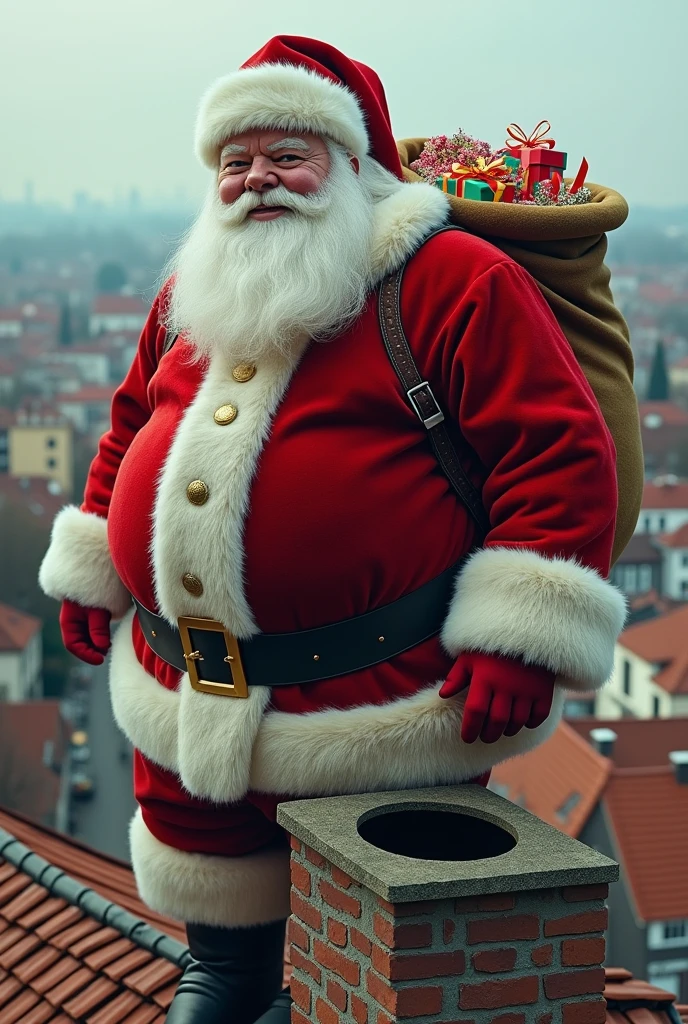 4k, RAW photo, ultrarealistic. Skyline, rooftops. A big, round Santa is stood on the house rooftop ready to deliver presents but he has found the chimney is much much too small to fit in. Santa holding a bag of presents on top of a house roof standing next to a tiny chimney.