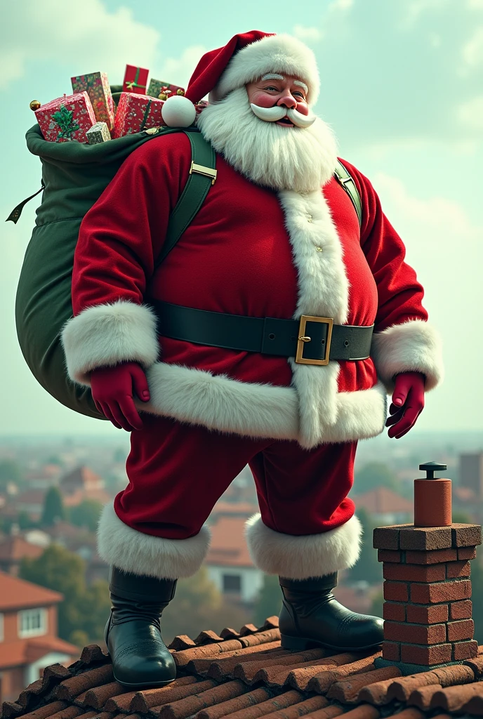 4k, RAW photo, ultrarealistic. Skyline, rooftops. A big, round Santa is stood on the house rooftop ready to deliver presents but he has found the chimney is much much too small to fit in. Santa holding a bag of presents on top of a house roof standing next to a tiny chimney.