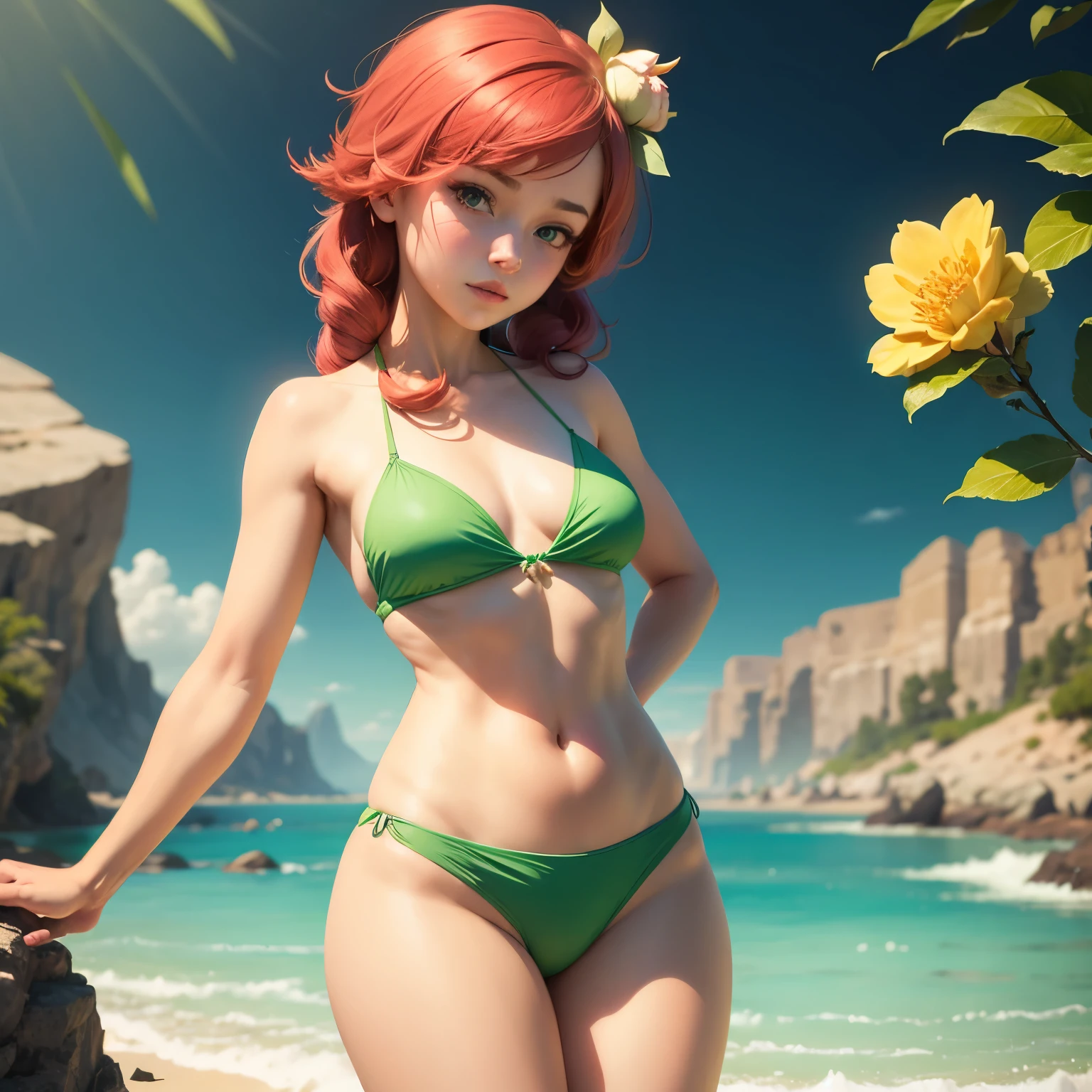 Woman, Red Hair, Long Hair, Very Large Breasts, Green Bikini Bottoms, ((Green Strapless Bikini Top)), Walking on Beach, Sunny Day, Sunglasses