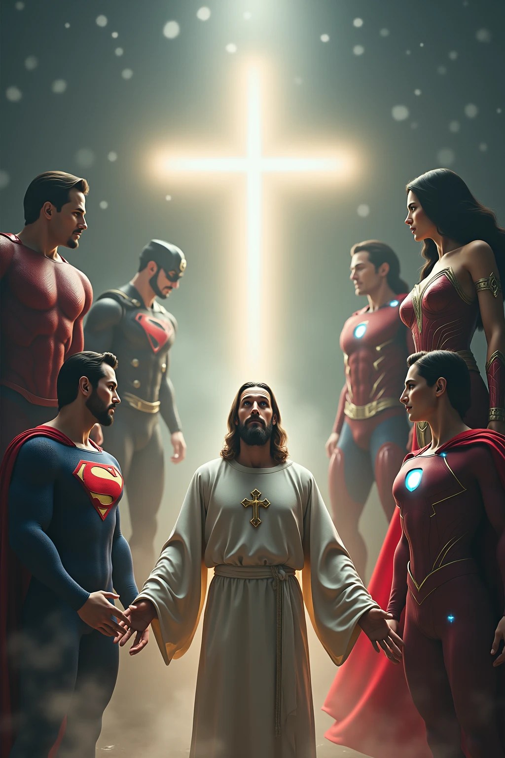 All the Super Heroes talking to Jesus Christ. digitl art, Neon, swirly vibrant colors, 8k
