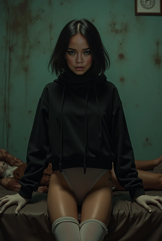(Night view), dark room Portrait, masutepiece, Best Quality, High solution, 32K HDR, Ultra-realistic texture, hyper derailed face, {{30 year old, Malaysian woman}}, Detailed eyes, {eroticism 1.5}, Photorealism, Full body shot, ((Overhead view)), sitting on the shabby sofa seat with open legs widely, yawn and closed eyes, (((torn, Strapless Surf Bodysuit, hijab))), ultra gigantic tits, Perfect body style, (in the dark shabby and messy basement), in the abandoned house, showing hyper realistic shaved armpits,
