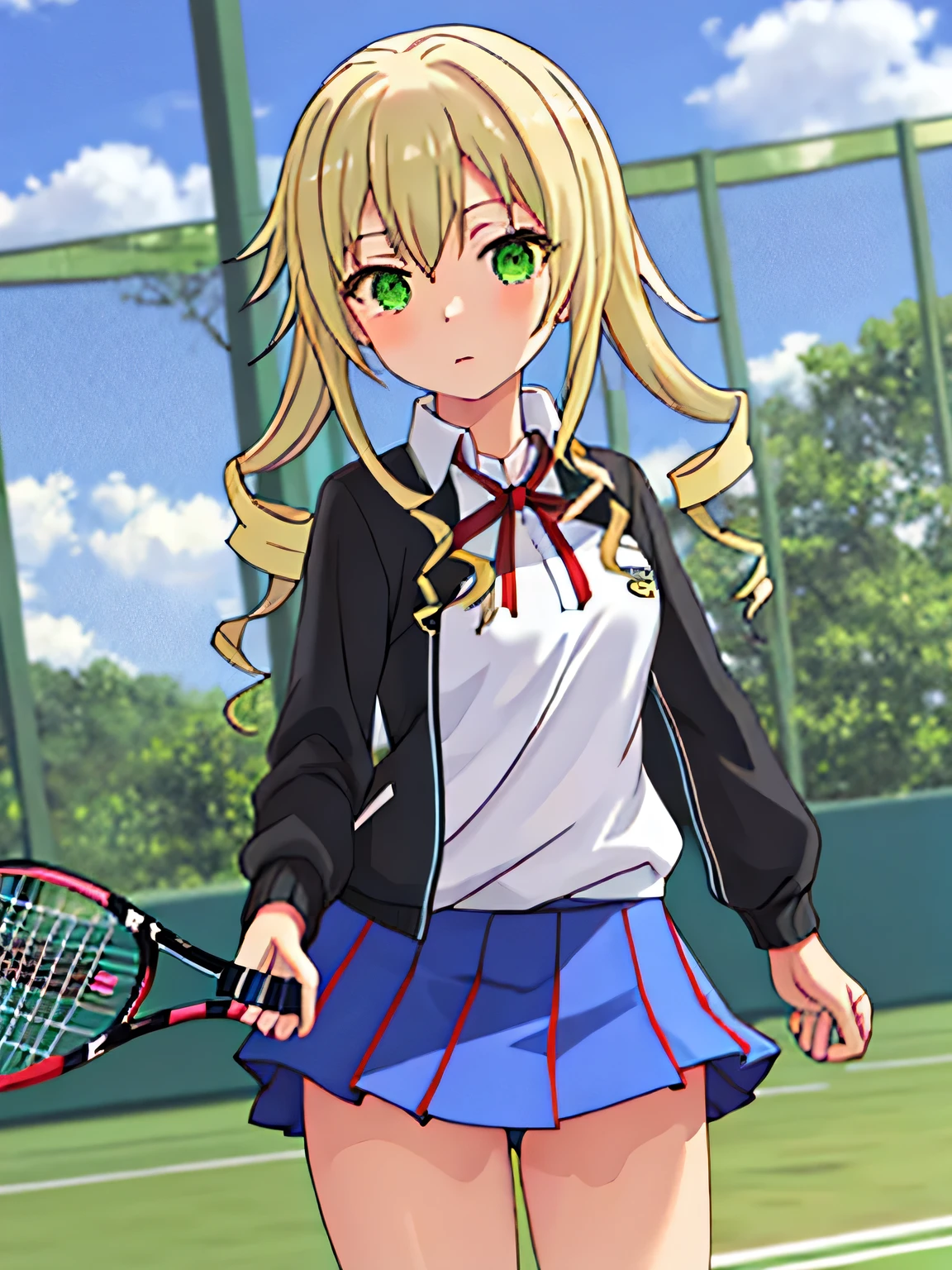 She is wearing a blue tennis outfit, with her white undergarments visible. She holds a single tennis racket with both hands in a poised and focused manner. The lush green grass tennis court stretches out in the background. This scene radiates elegance, power, and athletic skill. top quality , masterpiece, length_hair, blondes_hair, green_eye, black_ jacket, drill_hair, ribbon, neck_ribbon, red_ribbon, hair_ between queen _eye.